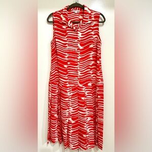 CAbi Red & White Brushstroke Sleeveless Drop Waist Pleated Dress